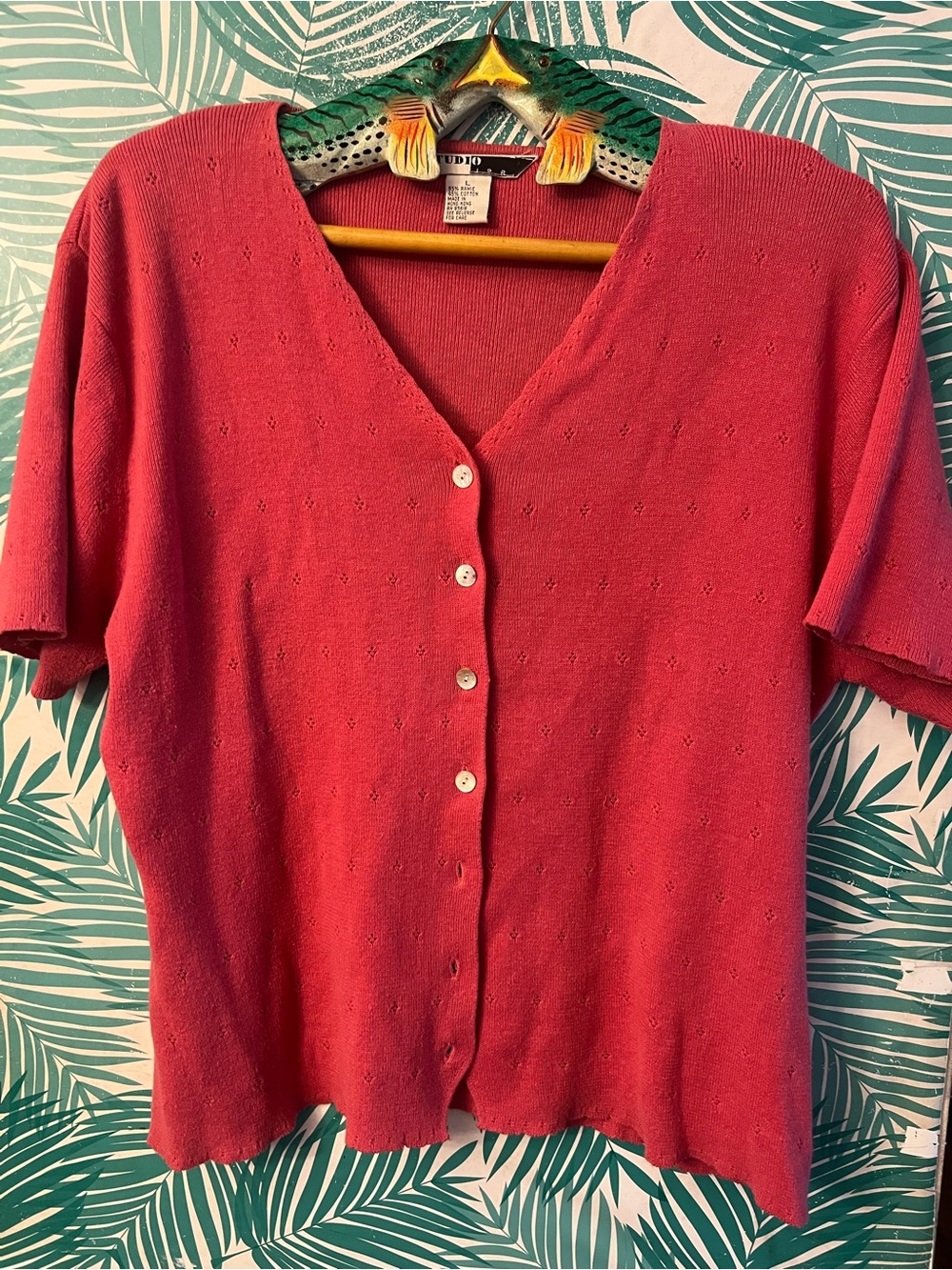 Vintage Studio JPR Red Raspberry v-Neck Short Sleeve button down Cardigan Sz L